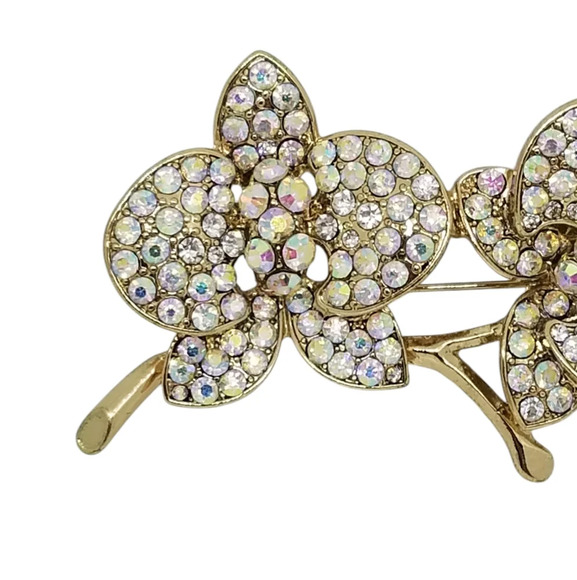 VINTAGE GOLDTONED WITH AURORA BOREALIS RHINESTONES FLOWERS DESIGN BROOCH - Picture 2 of 4